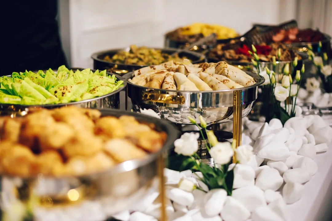 Professional catering setup and preparation for an event