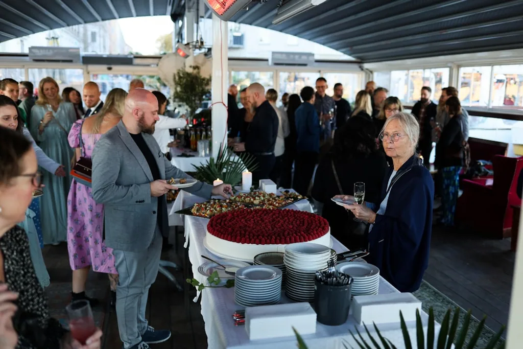 Corporate event reception with catering arrangement