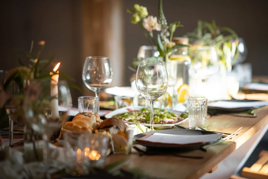 Elegant wedding reception table with catering