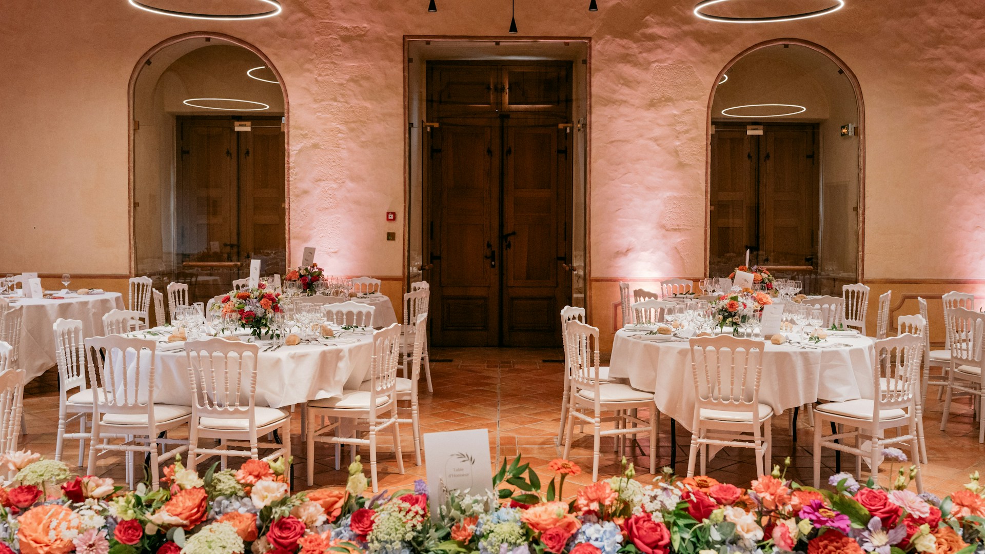 Elegant wedding reception dinner table with fine dining presentation