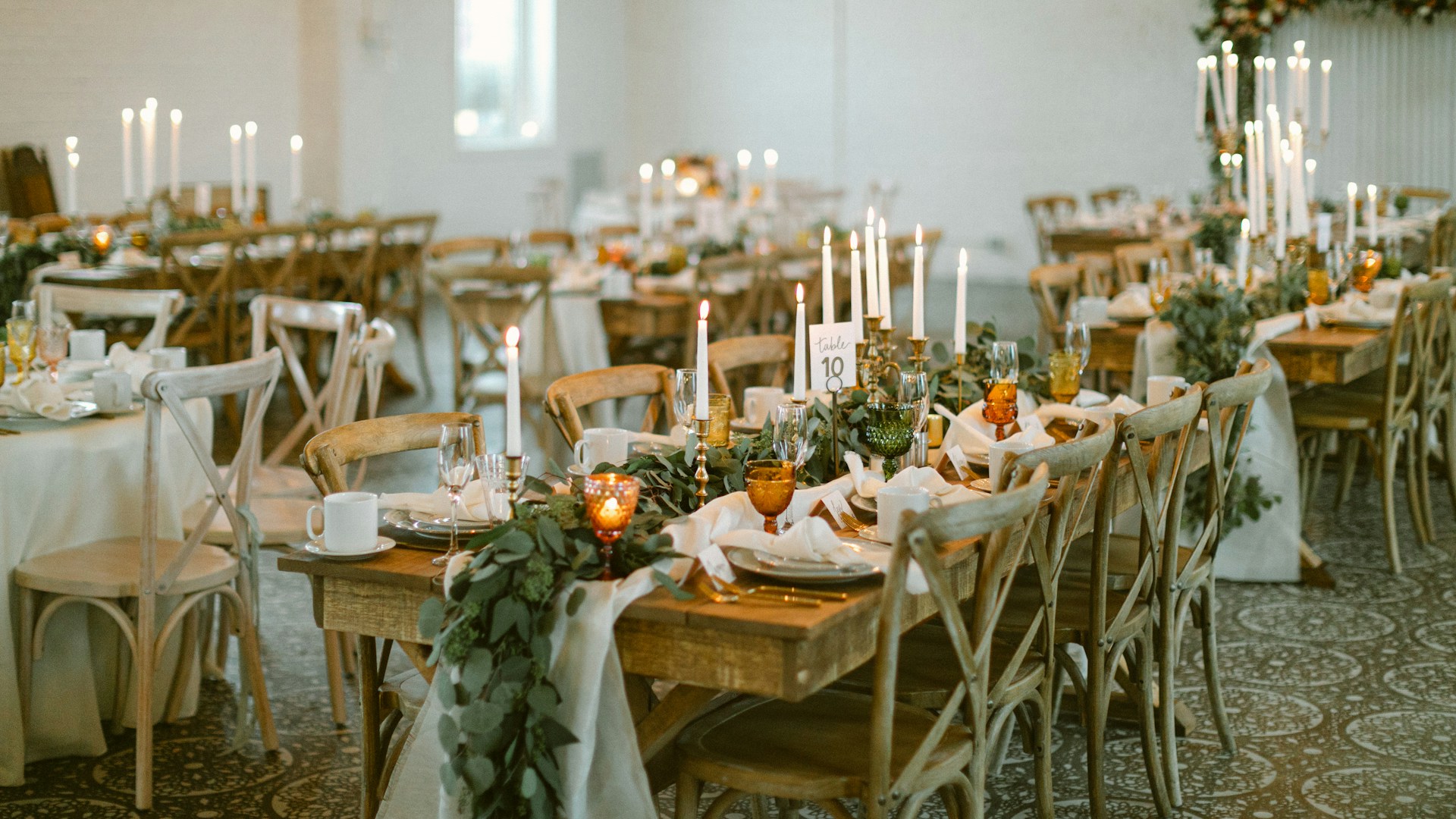 Elegant wedding reception banquet hall with floral decorations